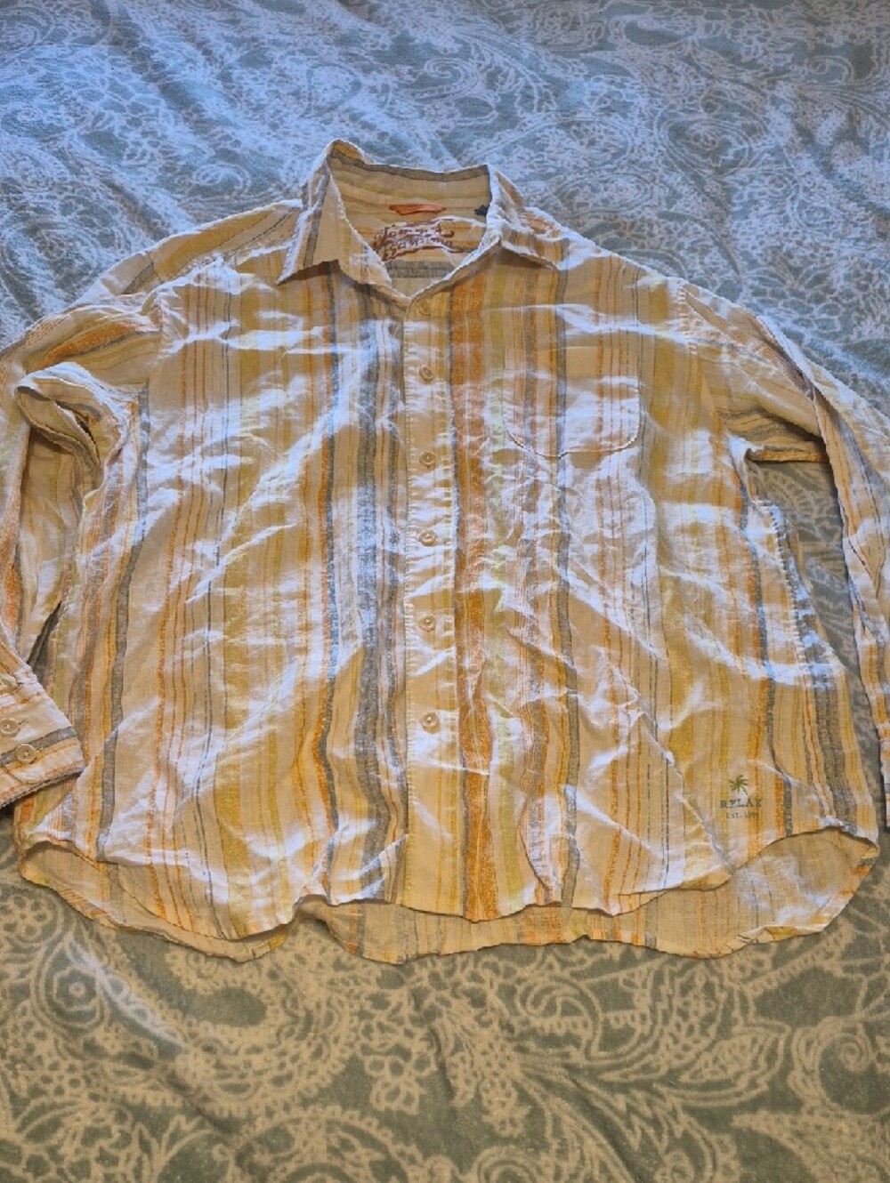 Tommy Bahama Yellow and Blue Striped Casual Button-Down Shirt - Picture 2 of 9